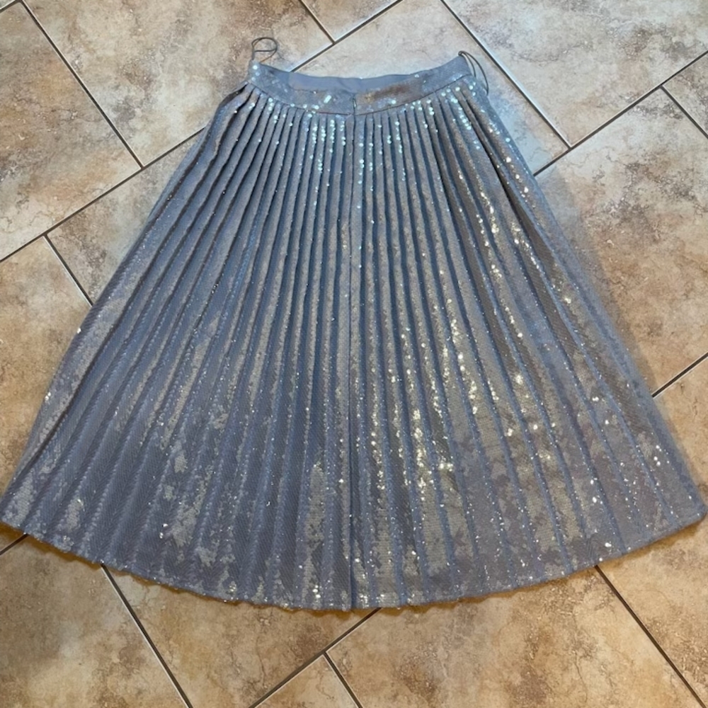 Brandon Maxwell Silver Metallic Pleated A-Line Skirt